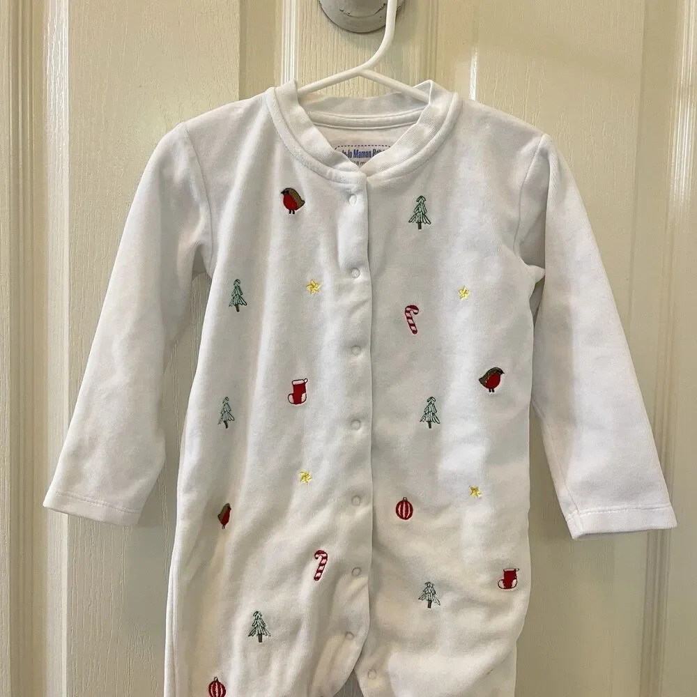 JoJo Maman Bébé White Velour Christmas Embroidered Footie Girls SZ 12-18 Months